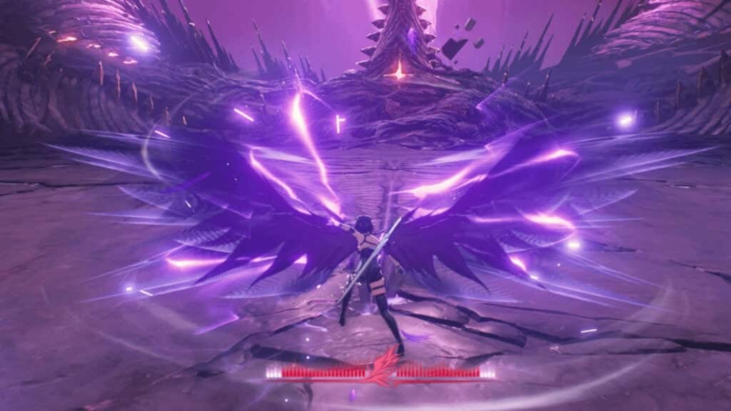 Feature image for our Wuthering Waves Effects guide. Image shows a character fighting a monster with purple lights surrounding them.