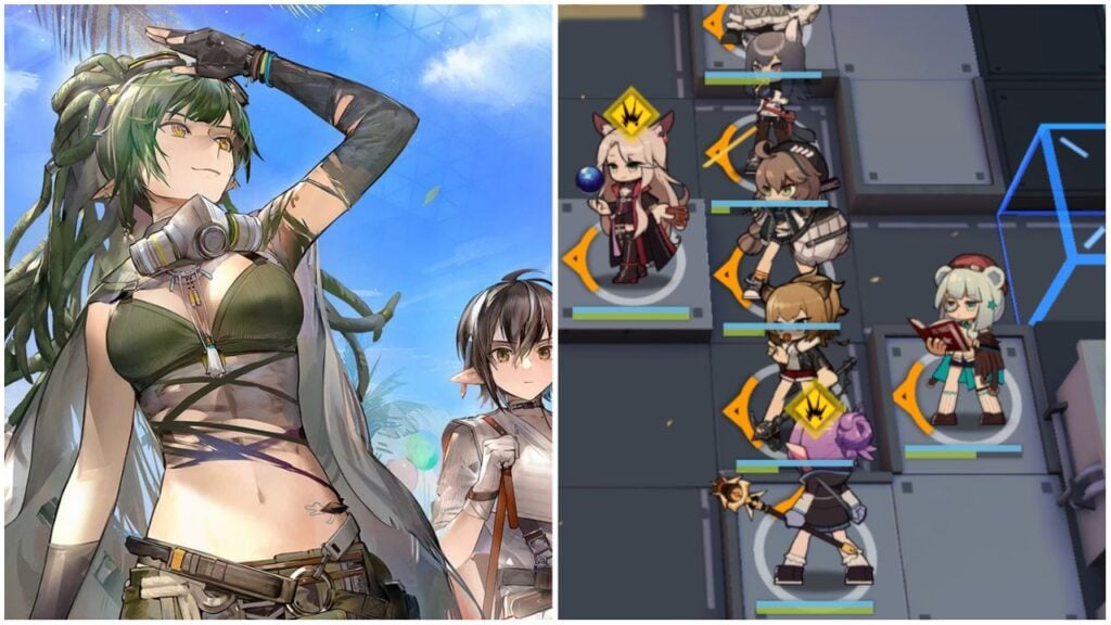 image for our arknights entry, the image features official art of a character as well as a screenshot of combat from the game