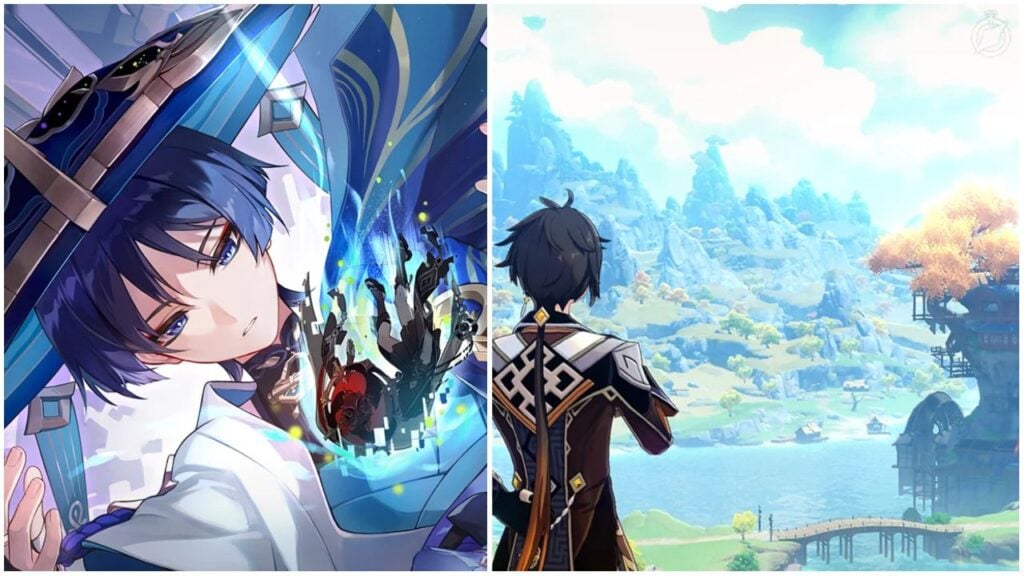 image for our genshin entry, the image features official art of scaramouche as well as zhongli overlooking liyue