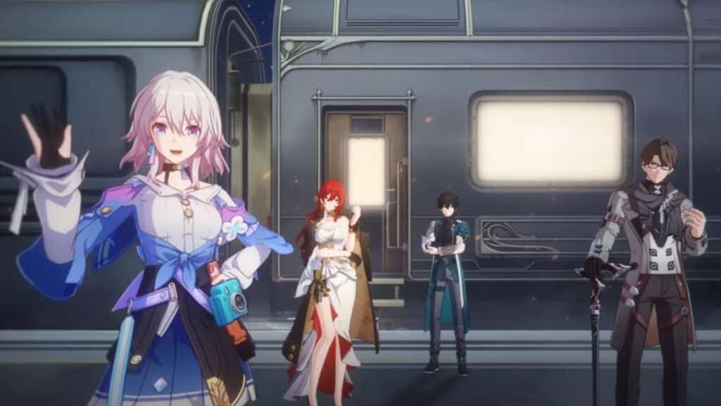 Feature image for our guide on how to redeem codes in Honkai Star Rail. It shows the characters March 7th, Himeko, Dan Heng, and Welt in front of the space train, the Astral Express.