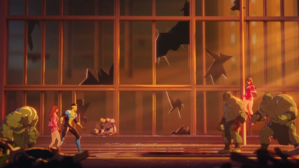Feature image for our Invincible: Guarding The Globe news piece. It shows a shot from the trailer, that has the character Invincible, Atom Eve, and Monster Girl facing against a copy of Eve and two copies of Monster Girl.