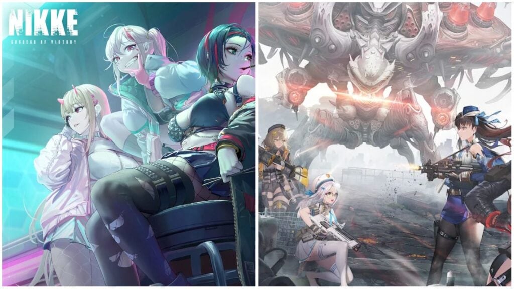 entry image for our goddess of victory nikke entry, the image features promo art of 3 characters as well as promo art of characters taking part in battle with a sci-fi monster