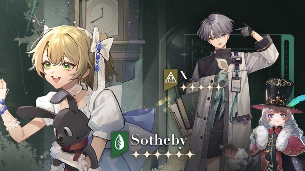 Feature image for our Reverse 1999 tier list. It shows 3 characters, Sotheby, X, and Charlie.