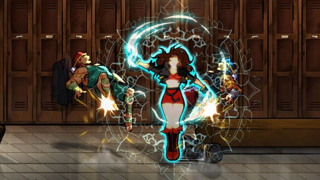 Feature image for our best new Android sales and deals. It shows a screen from Streets Of Rage 4 with a character performing a special move, sweeping her fists as they crackle with blue energy.