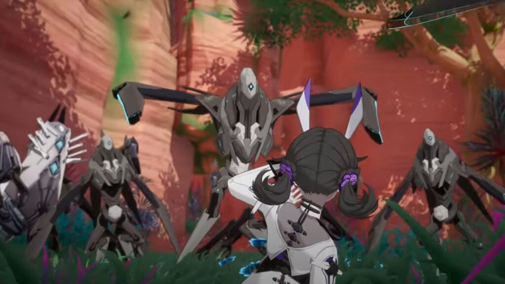 Feature image for our Tower Of Fantasy 2.3 update news. It shows a character flinching as several grey entities spring at her.