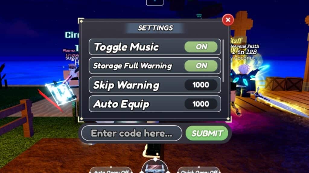 Скриншот экрана активации кодов в игре Roblox Blades of Chance.